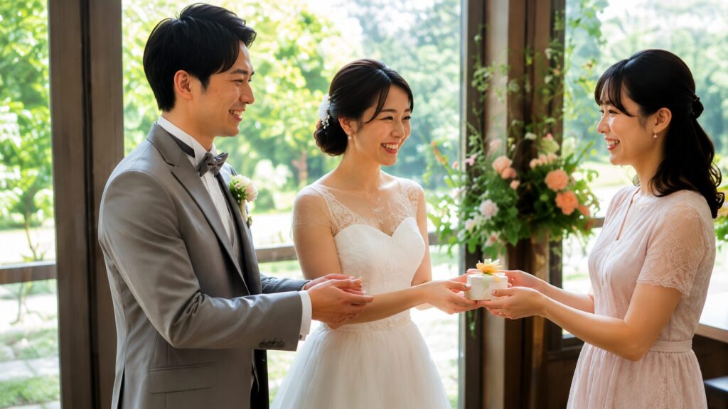 結婚式のお見送りで新郎新婦が女性ゲストへプチギフトを手渡し、笑顔で感謝を伝える様子