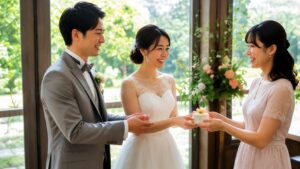 結婚式のお見送りで新郎新婦が女性ゲストへプチギフトを手渡し、笑顔で感謝を伝える様子