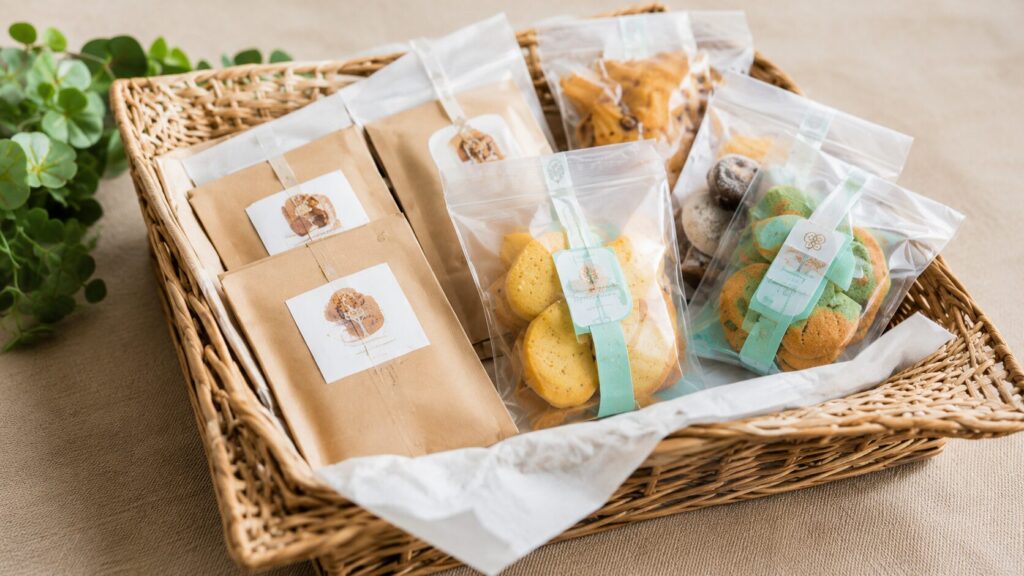 結婚式のプチギフトとして個包装されたクッキーや焼き菓子、コーヒーをバスケットに並べた様子