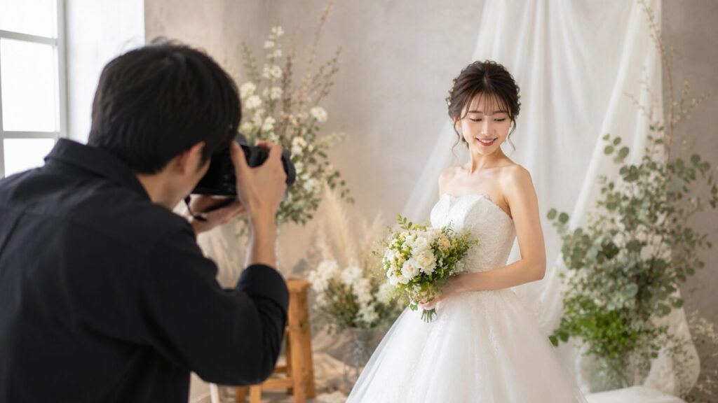 スタジオでウェディングドレス姿の花嫁をカメラマンが撮影している結婚式前撮りの様子。