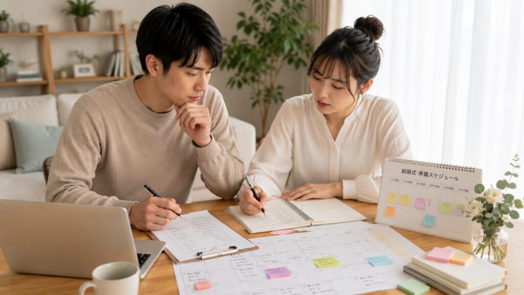結婚式のスケジュールや役割分担を確認しながら協力して準備を進めるカップル