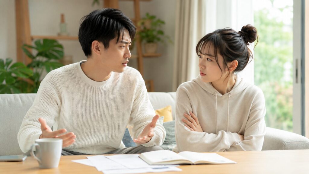 結婚式の準備を進めながら意見が食い違い、真剣な表情で話し合うカップル