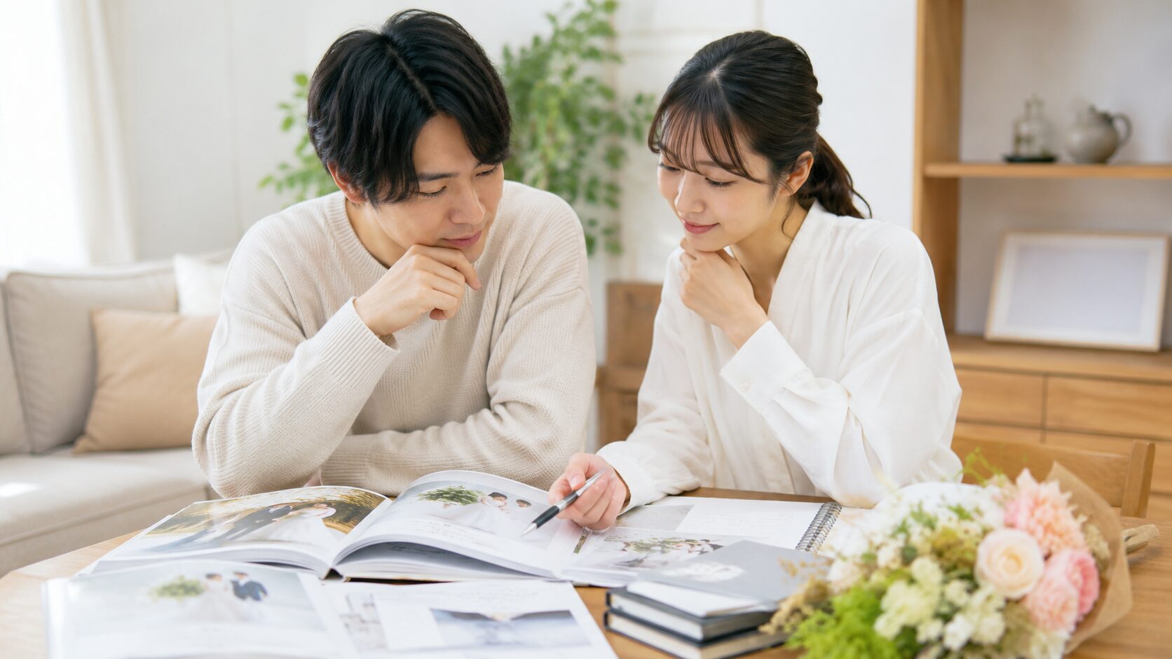 結婚式の準備期間について、カップルが自宅で資料を見ながらスケジュールを相談している様子