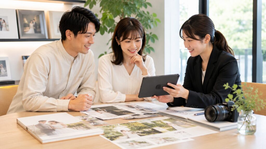 結婚式前撮りの撮影プランについて、写真サンプルやアルバムを見ながらスタッフと相談しているカップルの打ち合わせ風景。