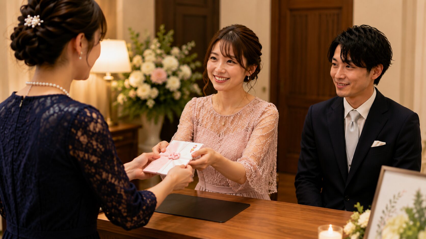 結婚式場の受付で、ご祝儀袋を両手で丁寧に渡している女性ゲストと受付スタッフのマナーを表した写真。