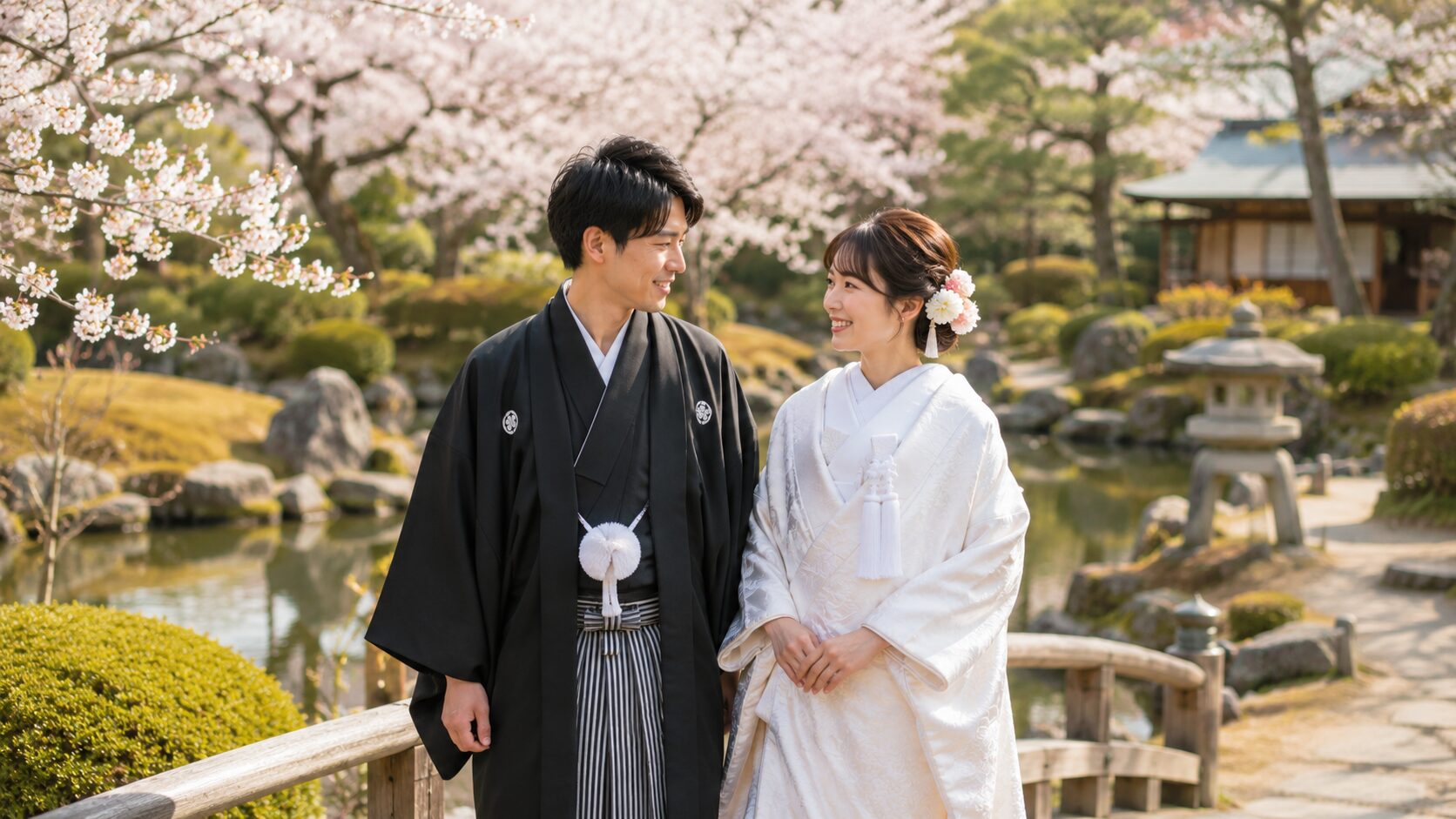 春の日本庭園で和装姿の新郎新婦が前撮り撮影をしている様子。結婚式前撮りのロケーション撮影イメージ。