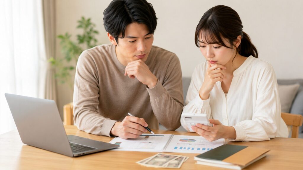 結婚式の遠方ゲストへの交通費や宿泊費の予算を計算しながら費用を相談するカップル