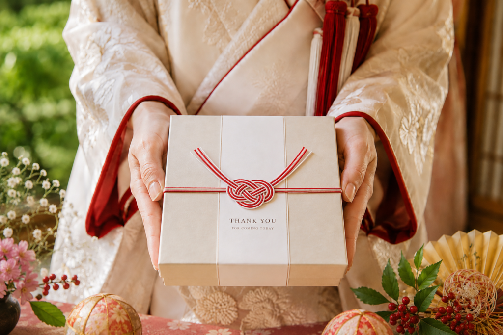 白無垢姿の女性が、あわじ結びの水引が付いた結婚内祝いの贈答品を両手で差し出している様子