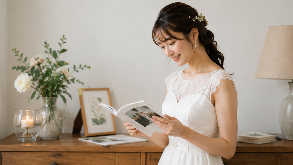 完成した結婚式プロフィールブックを確認する新婦様