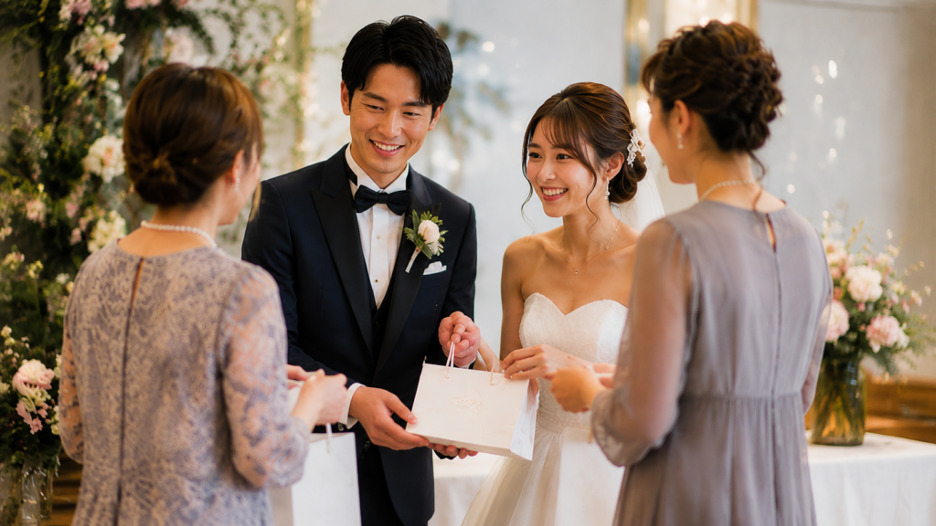 新郎新婦が結婚式の受付を担当した友人へお礼のプレゼントを直接渡す様子