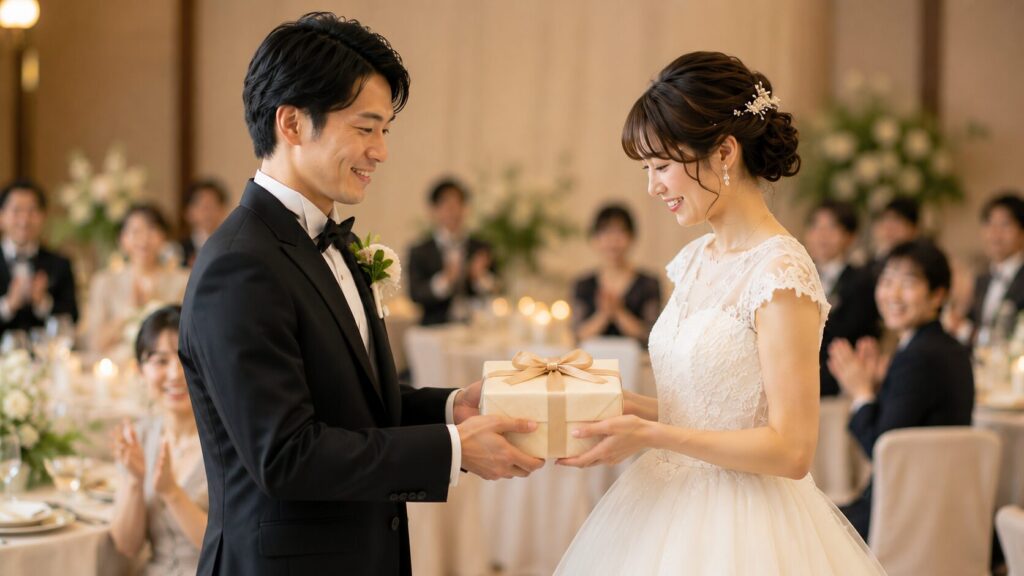 披露宴会場で結婚式の贈り物を手にする新郎新婦と祝福するゲスト