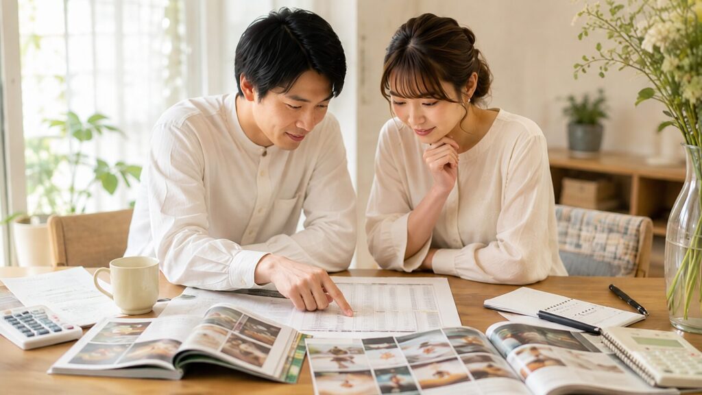 引き出物の必要数量や予算を名簿とカタログで確認する新郎新婦