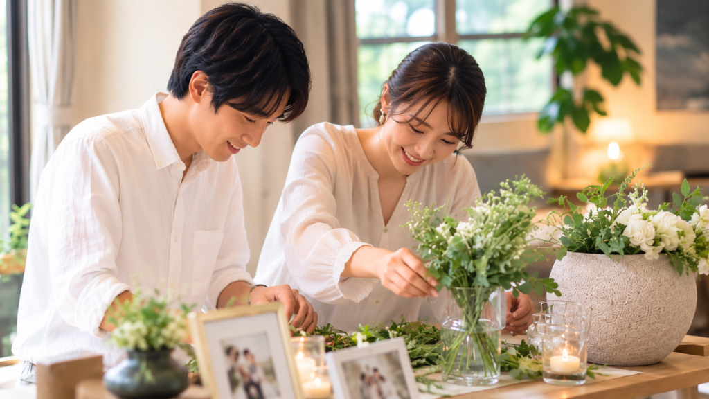 新郎新婦が写真や花を使って結婚式のウェルカムスペースを準備する様子