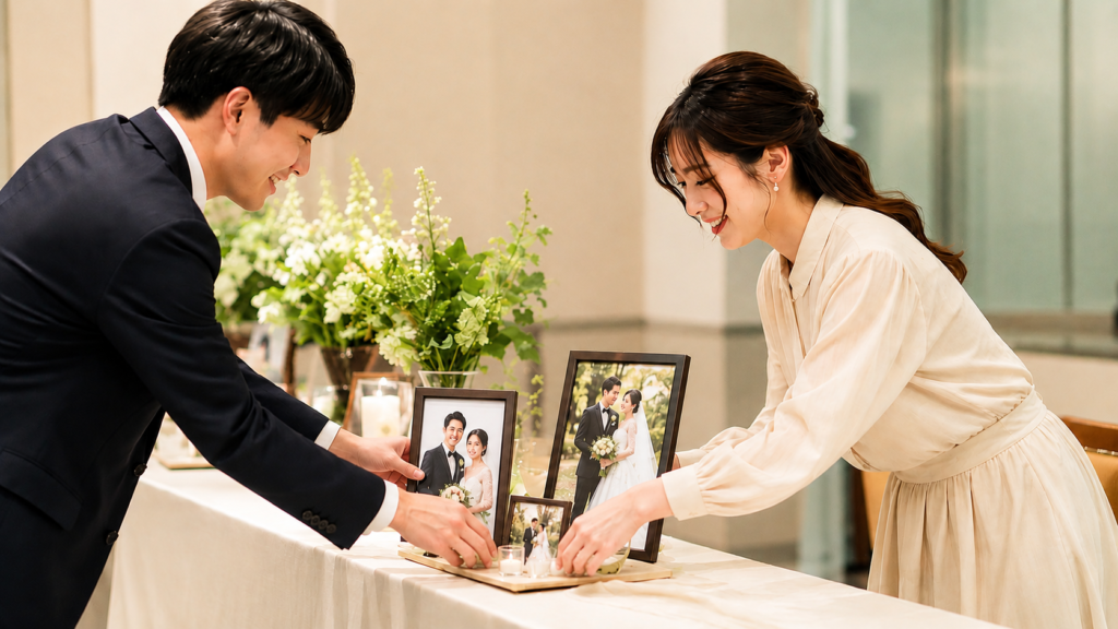 新郎新婦が結婚式場で写真立てやキャンドルを配置しウェルカムスペースを設営する様子
