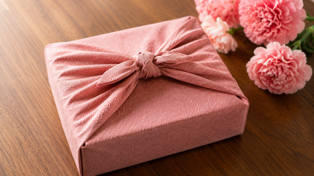 上品な風呂敷で包まれた結婚内祝い用の贈答品とカーネーション