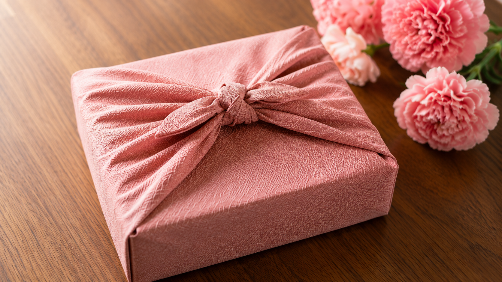 上品な風呂敷で包まれた結婚内祝い用の贈答品とカーネーション