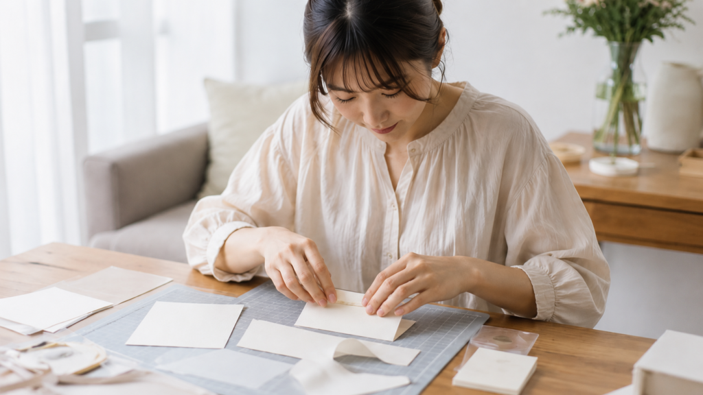 自宅のテーブルで結婚式の席札を一枚ずつ丁寧に手作りする女性