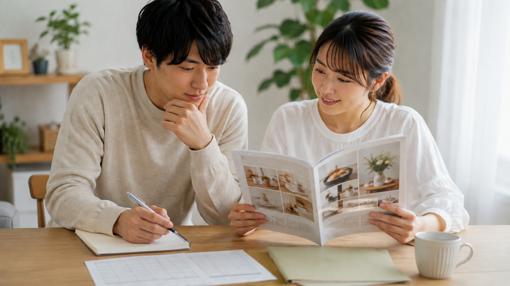 結婚式の引き出物用カタログギフトを二人で比較する新郎新婦