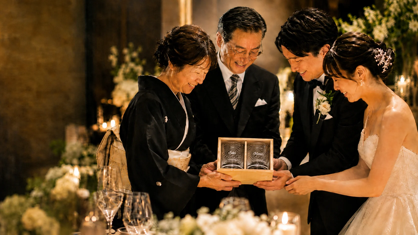 結婚式で両親へ名入れグラスを贈る新郎新婦