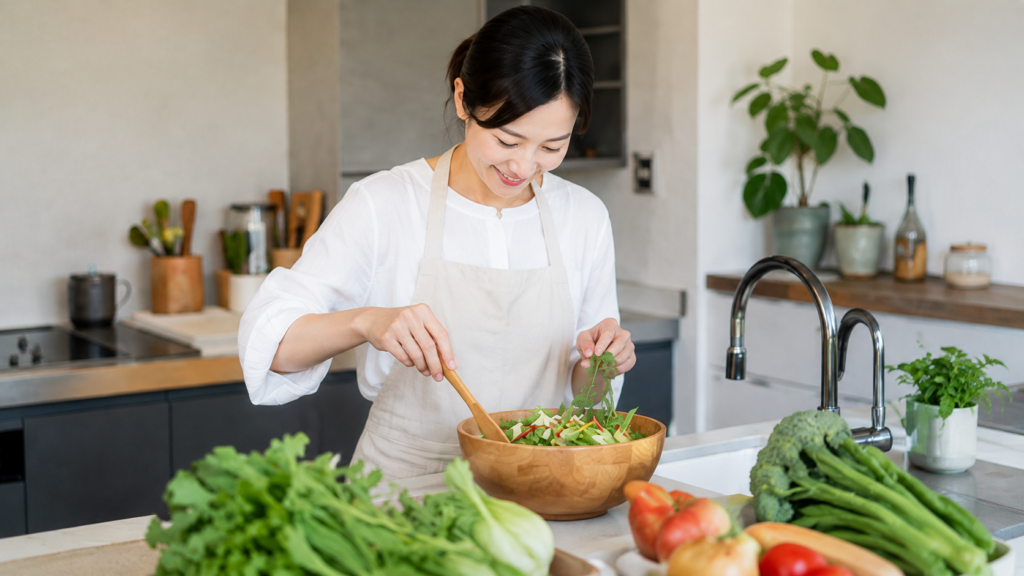 結婚式後の新生活をイメージして家庭のキッチンで料理をする女性