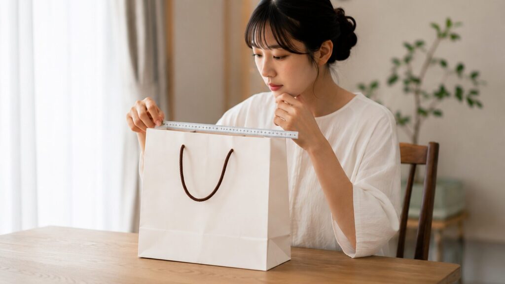 結婚式の引き出物袋の横幅を定規で測りサイズを確認する様子