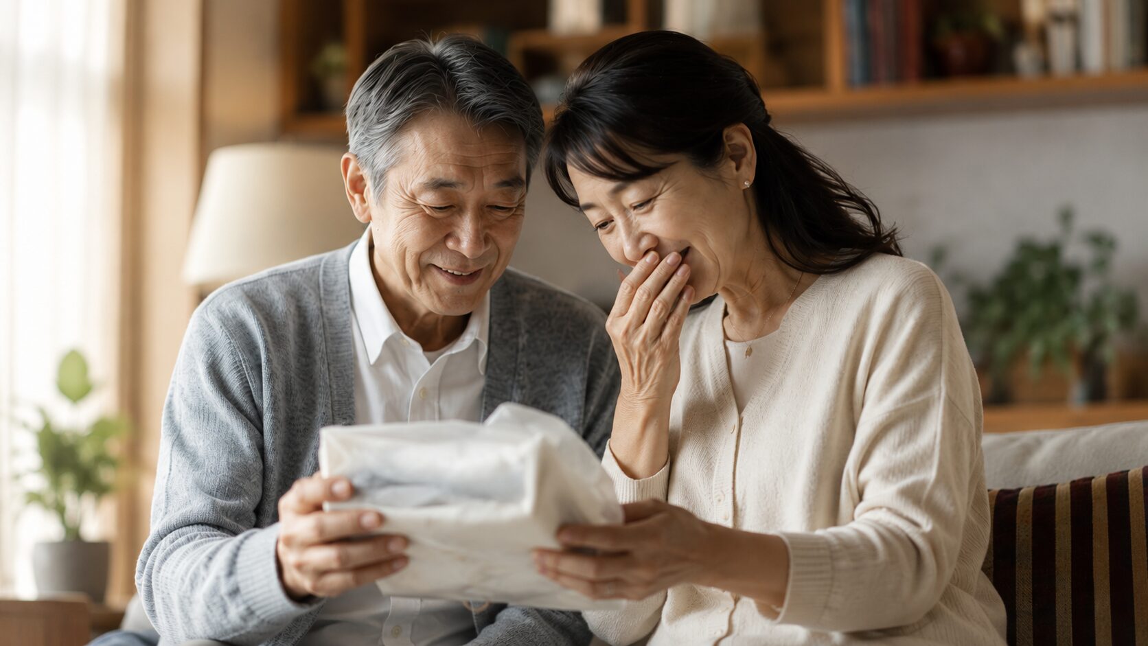 結婚式の両親記念品を自宅で開封し感動する夫婦