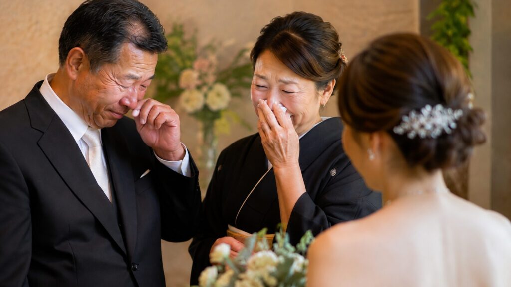 結婚式で花束と記念品を受け取り、涙を流す両親の姿