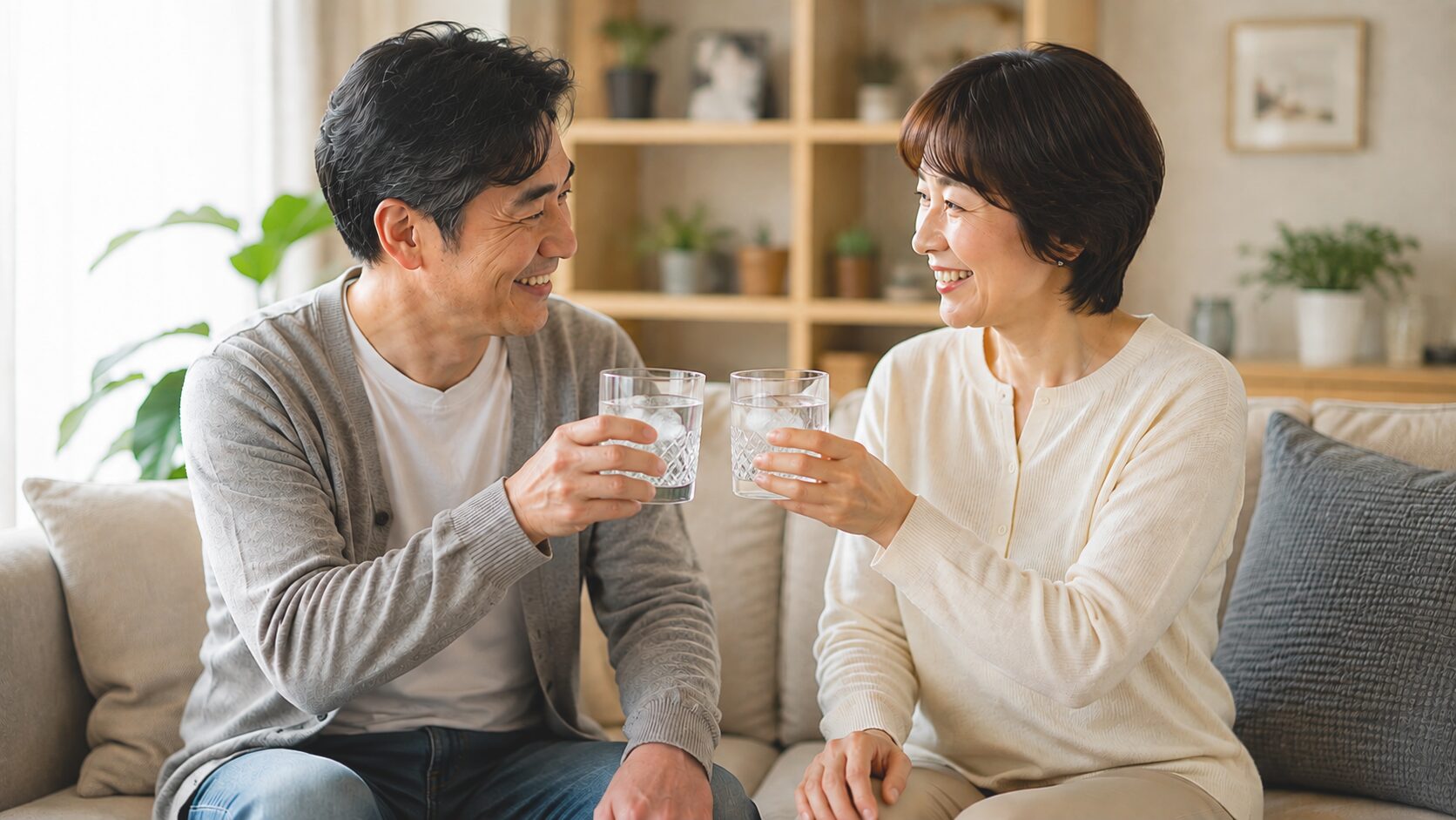 結婚式でもらったペアグラスで笑顔の乾杯をする夫婦