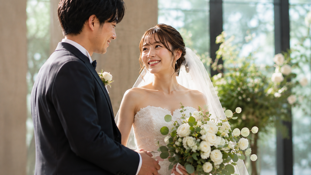 ブーケを持った新婦と新郎が見つめ合う結婚式の様子