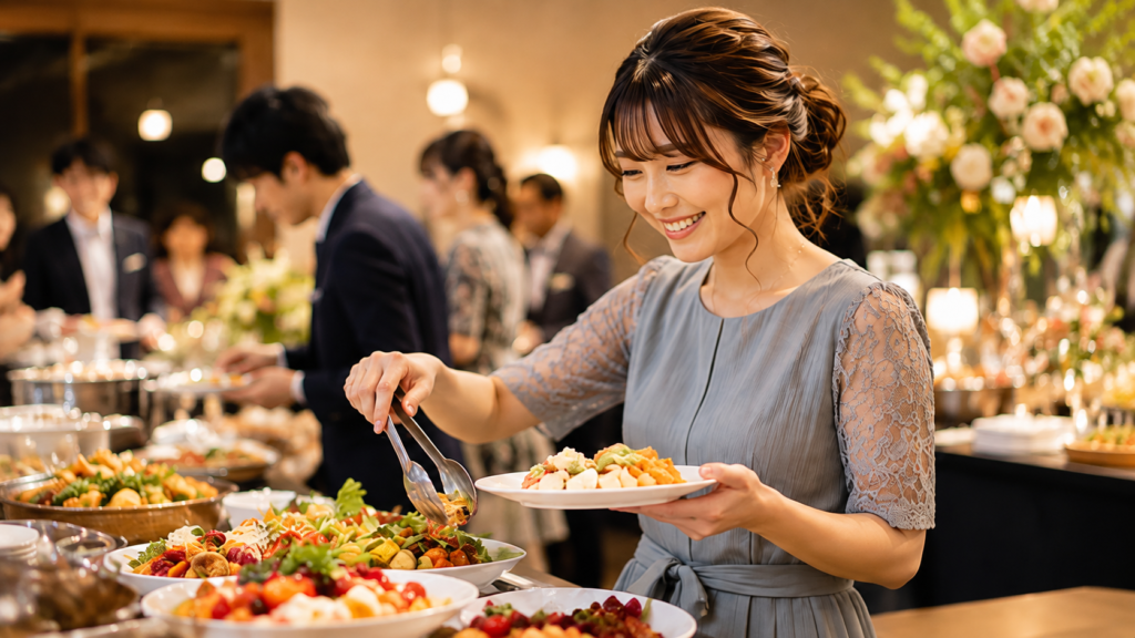 結婚式のビュッフェ料理を楽しむ女性ゲストの様子