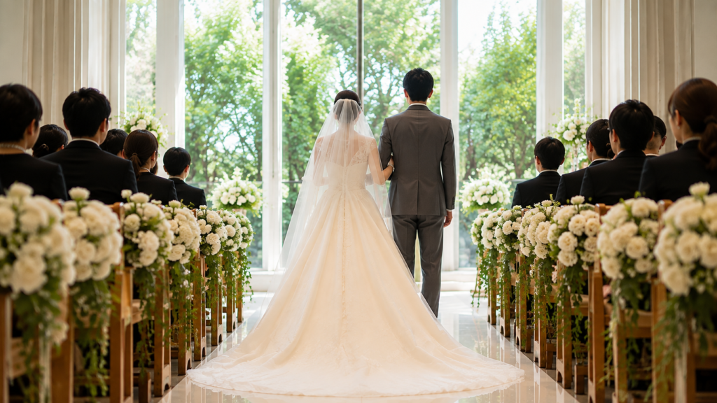 チャペルでゲストに見守られながら挙式を行う新郎新婦様の後ろ姿