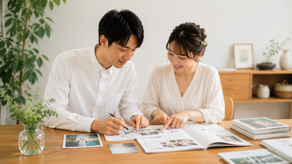 写真を並べて結婚式プロフィールブックを作る新郎新婦様