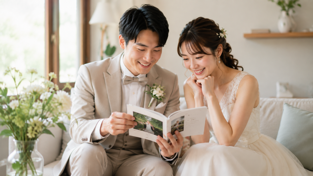 結婚式のプロフィールブックを一緒に読む日本人の新郎新婦
