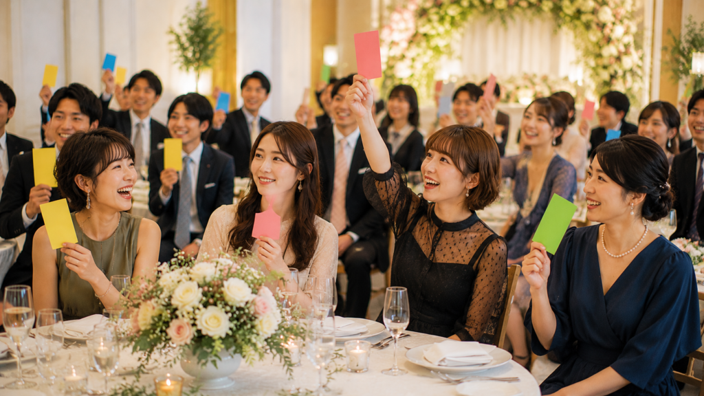 カラードレスの色当て演出を楽しみながら披露宴会場で盛り上がるゲストの様子