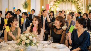 カラードレスの色当て演出を楽しみながら披露宴会場で盛り上がるゲストの様子