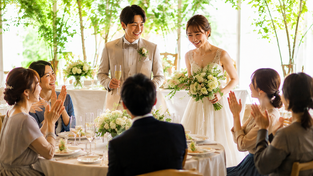 披露宴会場で新郎新婦がゲストと笑顔で歓談しながら写真撮影をしている様子