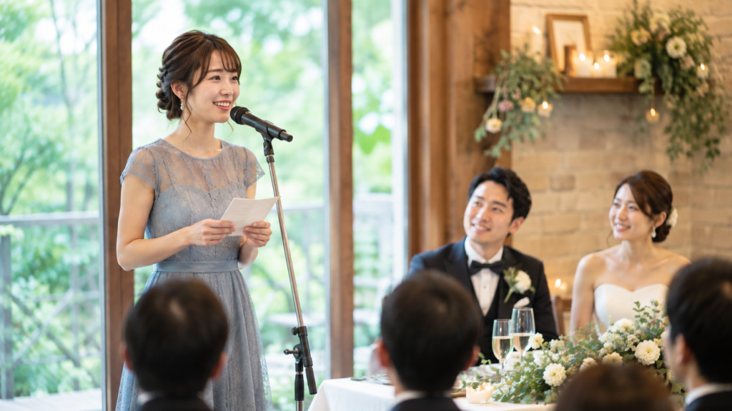 結婚披露宴で新郎新婦を前に友人代表スピーチをする女性ゲスト