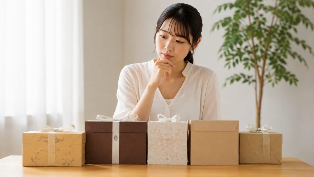 結婚式の引き菓子や引き出物の予算配分を考えながら商品を比較する女性の様子