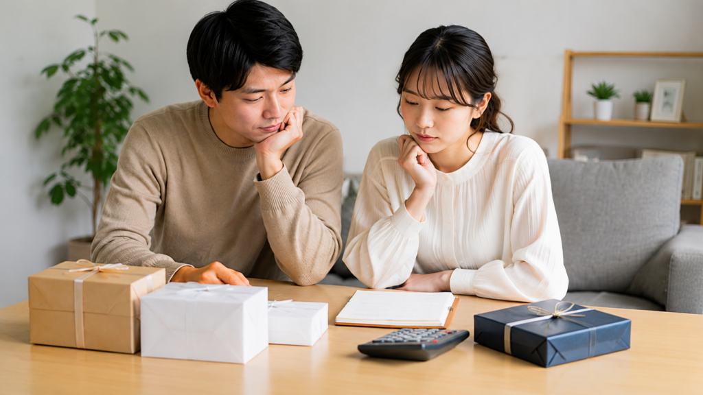 結婚内祝いの予算や相場について、贈答品の箱を前に相談する夫婦の様子