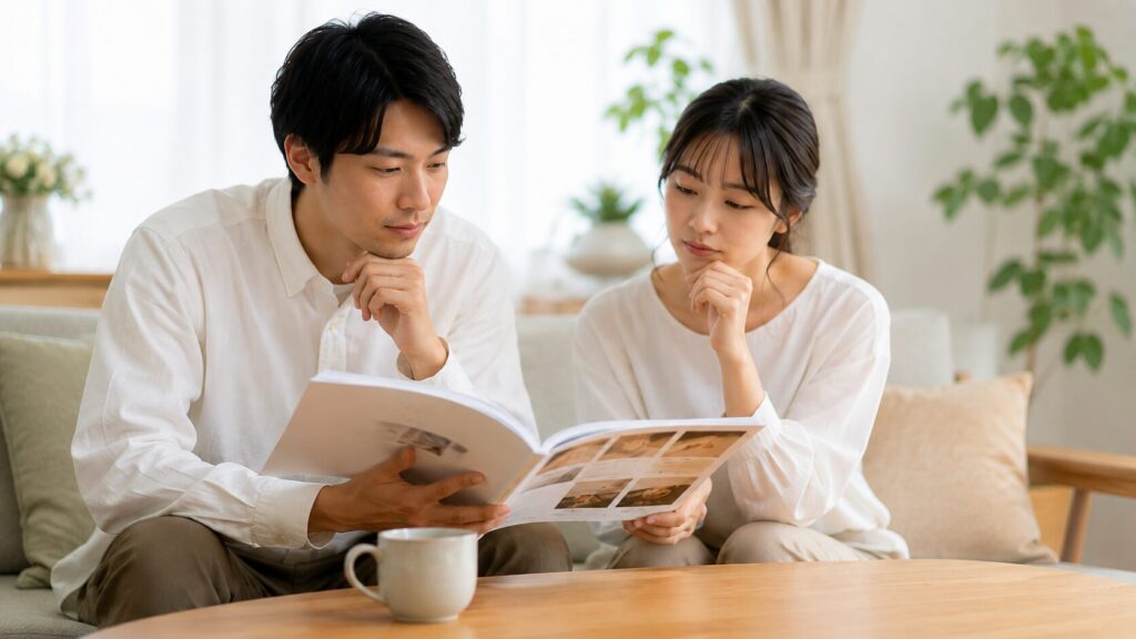 結婚式の引き出物用カタログギフトを二人で比較する新郎新婦