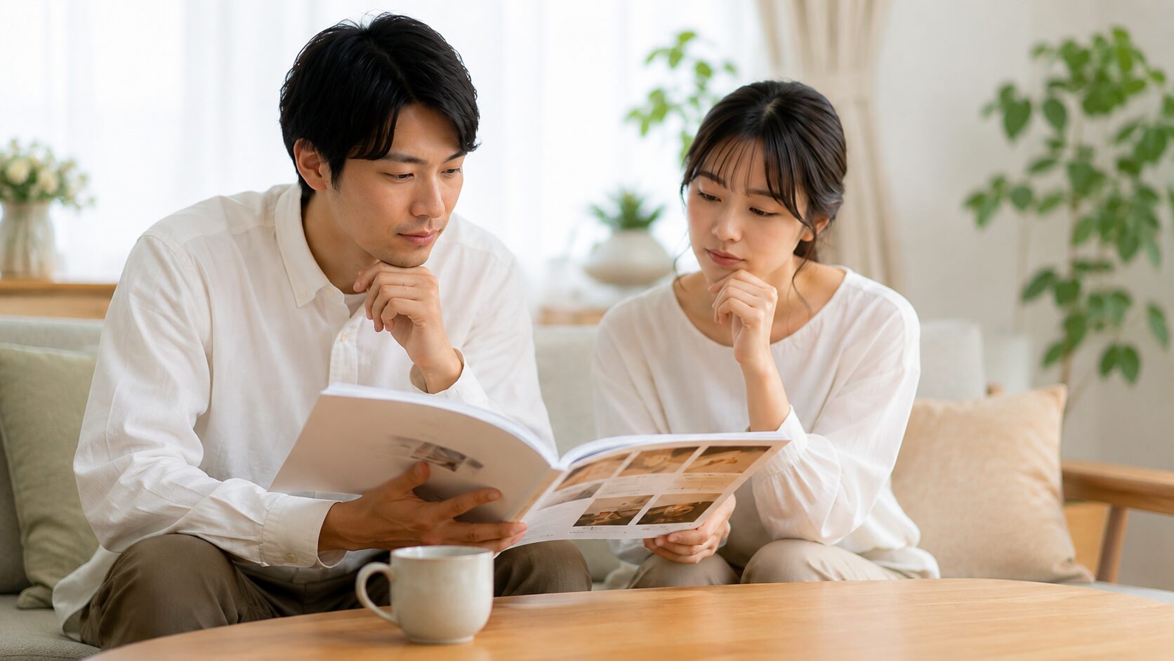 結婚式の引き出物用カタログギフトを二人で比較する新郎新婦