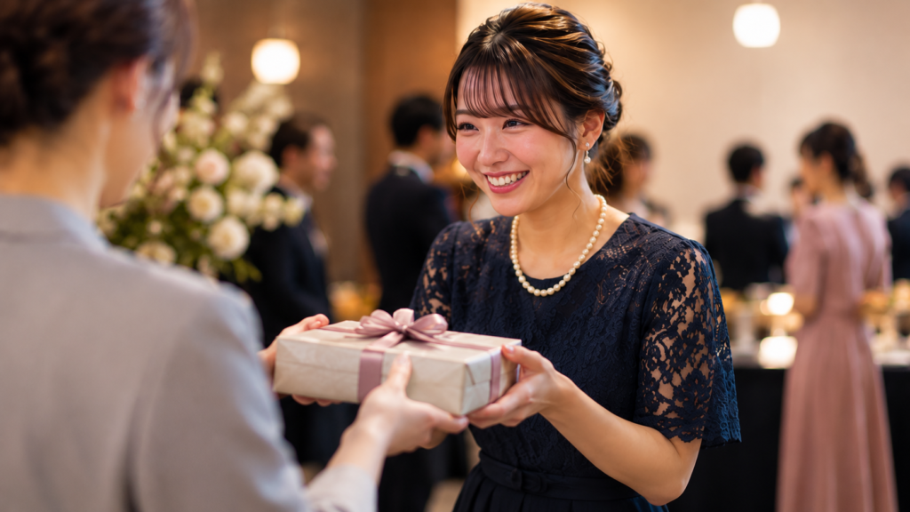 結婚式会場でプレゼントを受け取る女性ゲストの様子