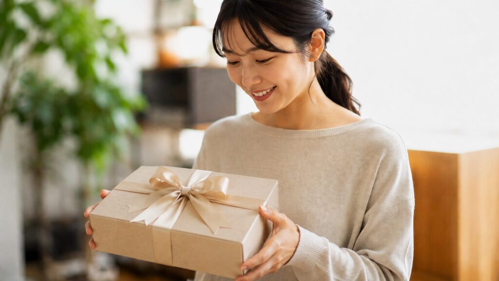 結婚式の引き出物の品物を受け取り笑顔で確認する女性