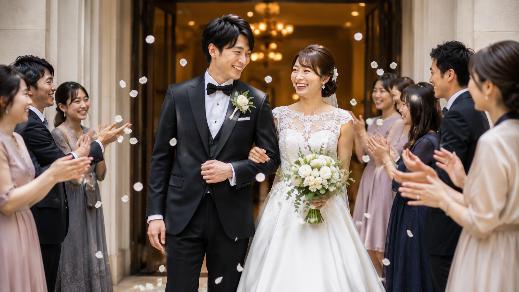 披露宴後にゲストから祝福されながら笑顔で退場する新郎新婦