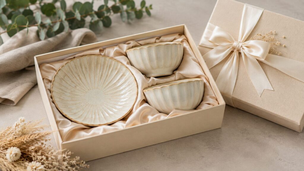 結婚式の引き出物として箱に収められた上品な食器セット
