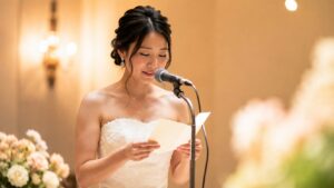 結婚式の披露宴で、新婦がマイクの前で両親への手紙を読み上げている様子