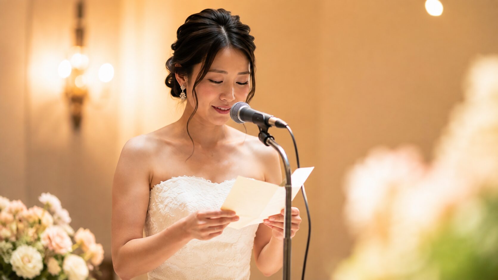 結婚式の披露宴で、新婦がマイクの前で両親への手紙を読み上げている様子