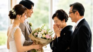 結婚式で新郎新婦が両親へ感謝の花束を贈るプレゼント贈呈シーン