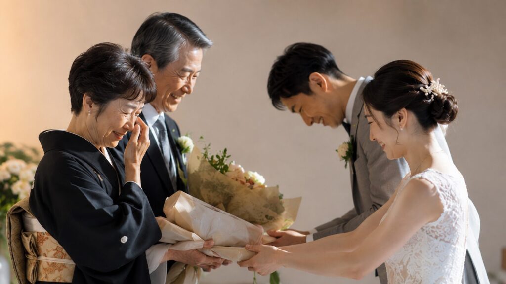 結婚披露宴で、新郎新婦がご両親へ花束と記念品を手渡している様子です。お母様は感動して涙を拭い、お父様は笑顔で見守っています。家族への感謝が伝わる、両親贈呈の場面