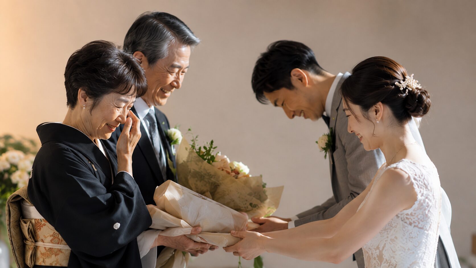 結婚披露宴で、新郎新婦がご両親へ花束と記念品を手渡している様子です。お母様は感動して涙を拭い、お父様は笑顔で見守っています。家族への感謝が伝わる、両親贈呈の場面